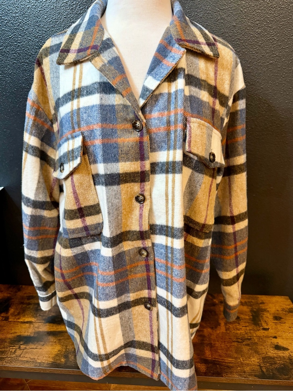 BiBi Plaid Shirt Jacket in Cream, Tan & Maroon